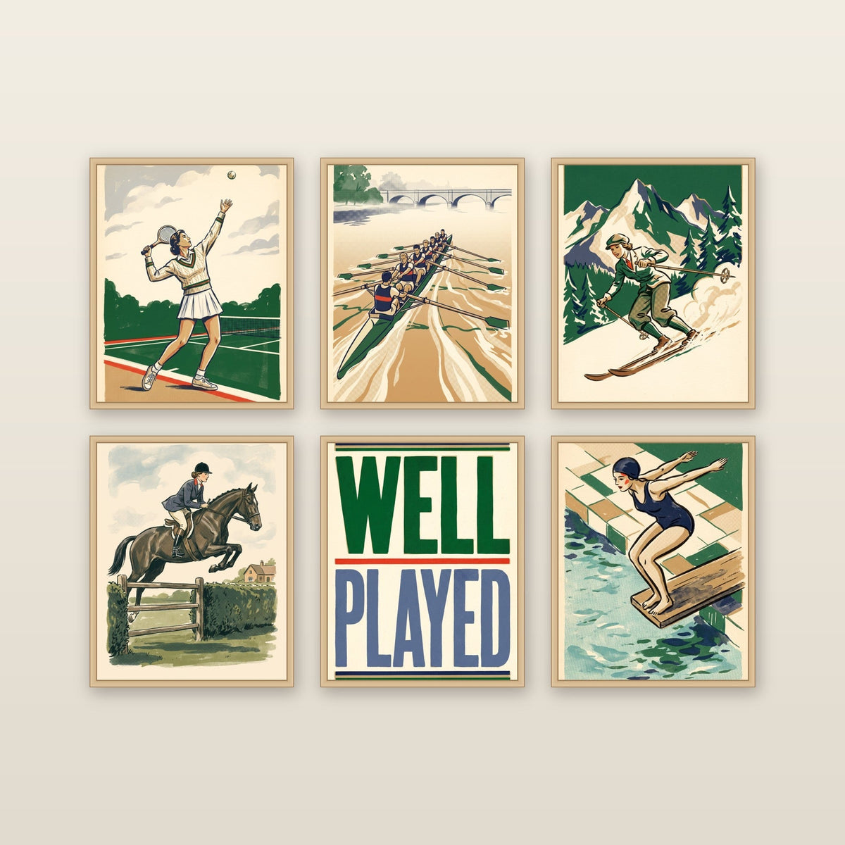 Six Sporting Life prints framed on a wall, with Well Played in the center column