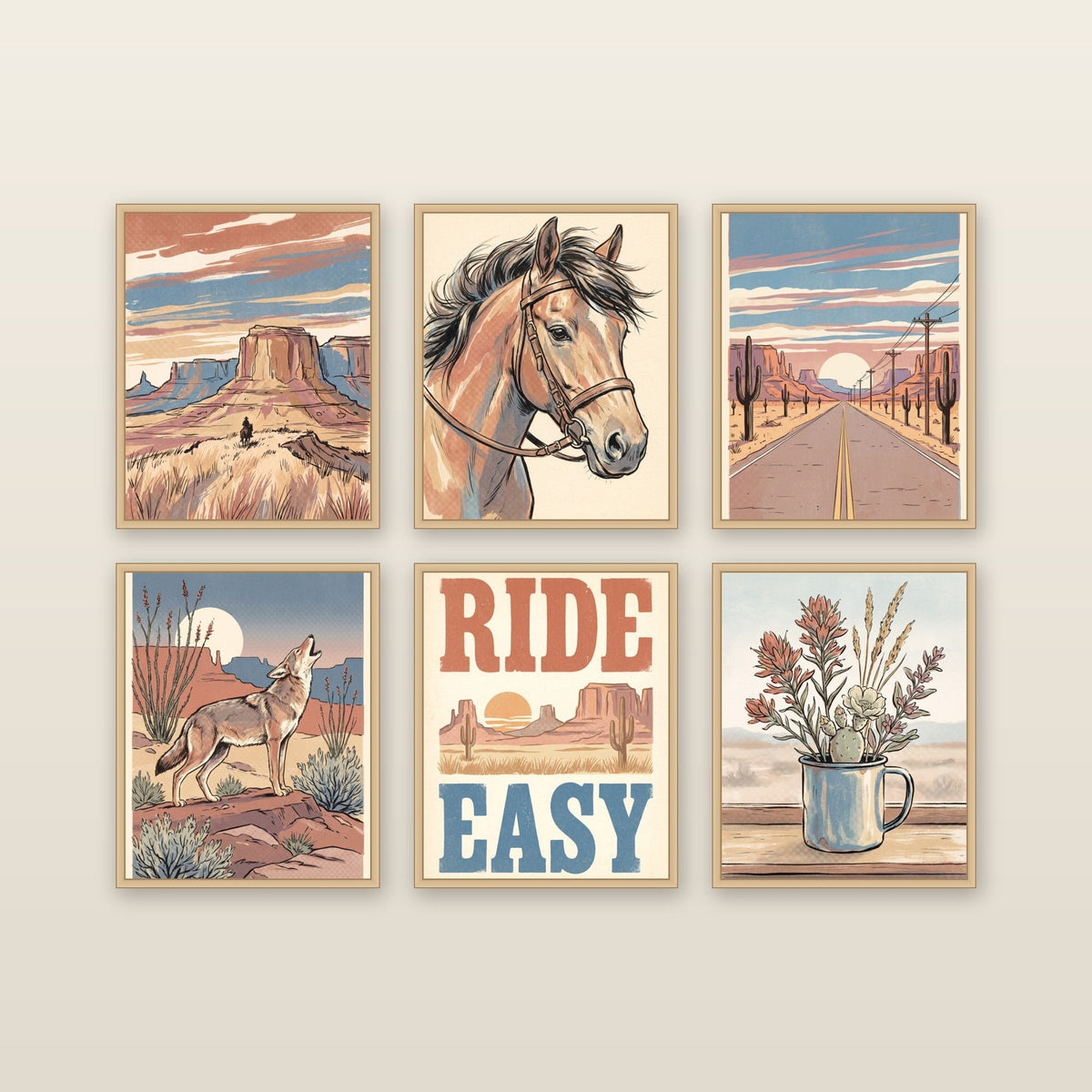 Six Western Romance prints framed on a wall, with the horse portrait above Ride Easy in the center column