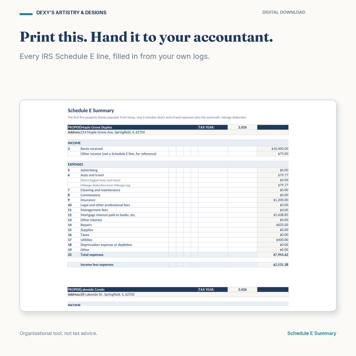 Rental Property & Landlord Bookkeeping Spreadsheet — schedule e