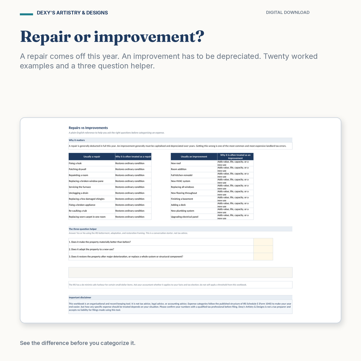 Rental Property & Landlord Bookkeeping Spreadsheet — repairs